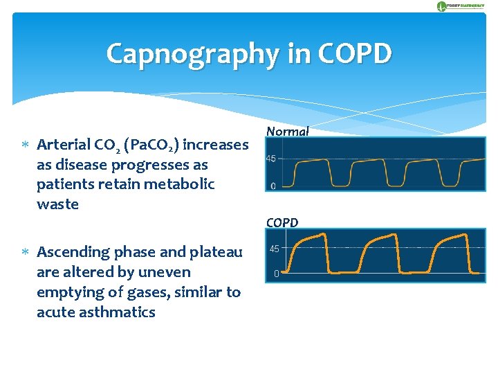 Capnography in COPD Arterial CO 2 (Pa. CO 2) increases as disease progresses as