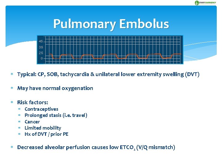 Pulmonary Embolus Typical: CP, SOB, tachycardia & unilateral lower extremity swelling (DVT) May have