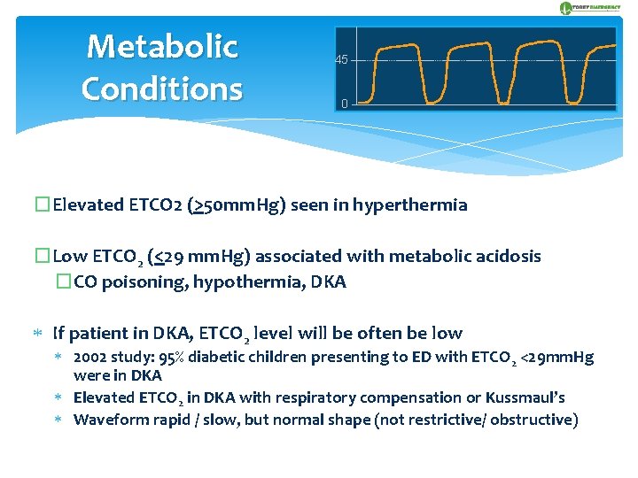 Metabolic Conditions 45 0 �Elevated ETCO 2 (>50 mm. Hg) seen in hyperthermia �Low