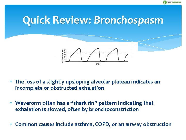 Quick Review: Bronchospasm The loss of a slightly upsloping alveolar plateau indicates an incomplete