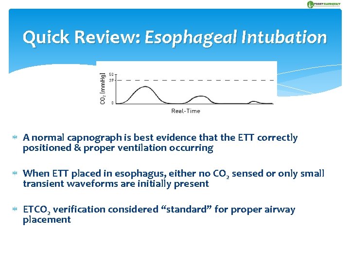 Quick Review: Esophageal Intubation A normal capnograph is best evidence that the ETT correctly