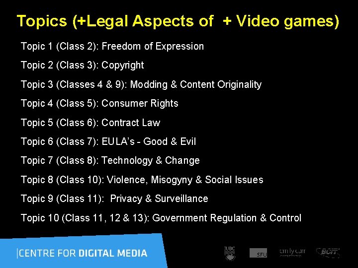Topics (+Legal Aspects of + Video games) Topic 1 (Class 2): Freedom of Expression