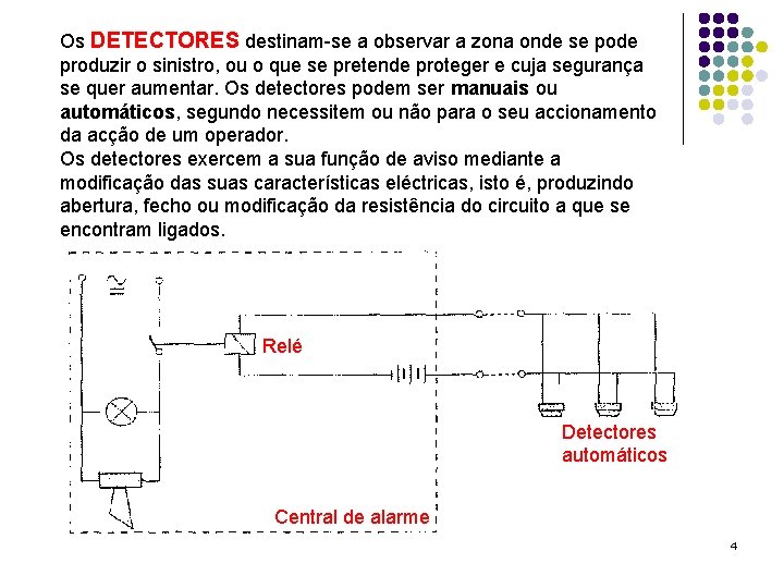 Os DETECTORES destinam-se a observar a zona onde se pode produzir o sinistro, ou