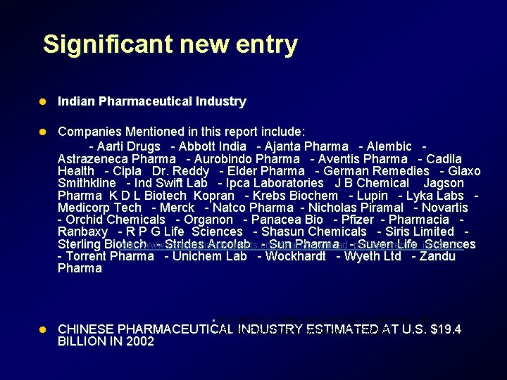 Significant new entry l Indian Pharmaceutical Industry l Companies Mentioned in this report include: Significant new entry l Indian Pharmaceutical Industry l Companies Mentioned in this report include: