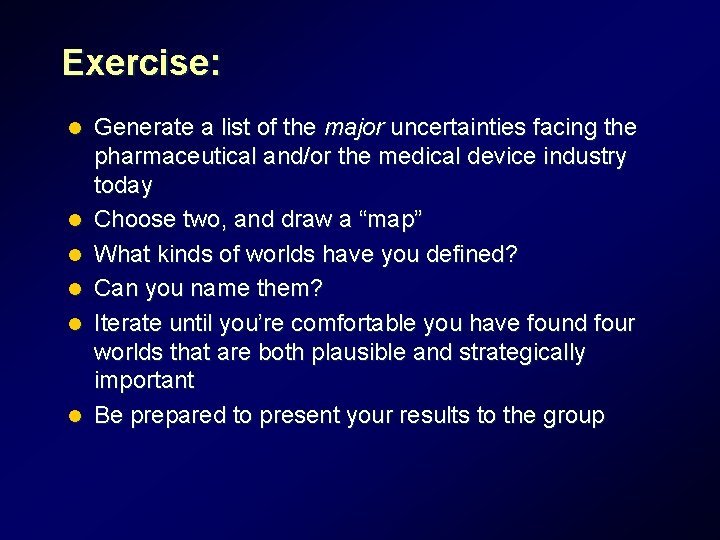 Exercise: l l l Generate a list of the major uncertainties facing the pharmaceutical Exercise: l l l Generate a list of the major uncertainties facing the pharmaceutical