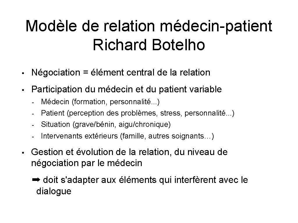 Modèle de relation médecin-patient Richard Botelho • Négociation = élément central de la relation