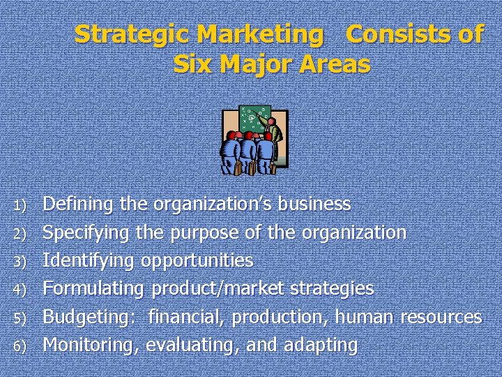 Strategic Marketing Consists of Six Major Areas 1) 2) 3) 4) 5) 6) Defining