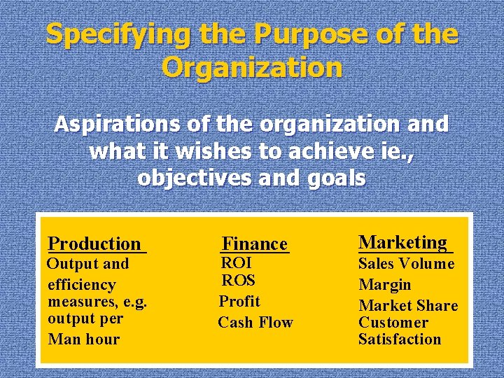 Specifying the Purpose of the Organization Aspirations of the organization and what it wishes