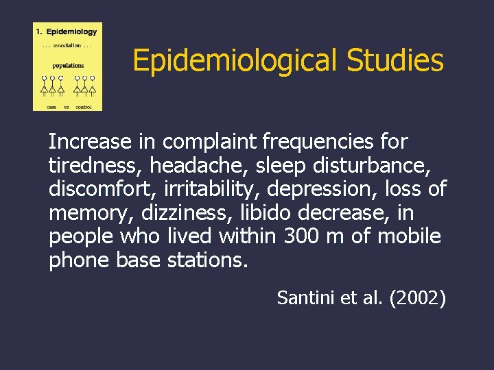 Epidemiological Studies Increase in complaint frequencies for tiredness, headache, sleep disturbance, discomfort, irritability, depression,