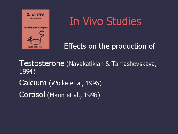 In Vivo Studies Effects on the production of Testosterone (Navakatikian & Tamashevskaya, 1994) Calcium