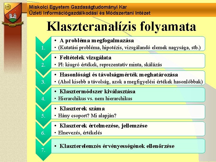 Miskolci Egyetem Gazdaságtudományi Kar Üzleti Információgazdálkodási és Módszertani Intézet Klaszteranalízis folyamata • A probléma Miskolci Egyetem Gazdaságtudományi Kar Üzleti Információgazdálkodási és Módszertani Intézet Klaszteranalízis folyamata • A probléma