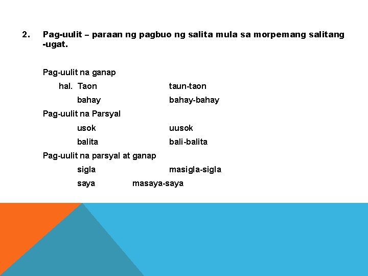 2. Pag-uulit – paraan ng pagbuo ng salita mula sa morpemang salitang -ugat. Pag-uulit