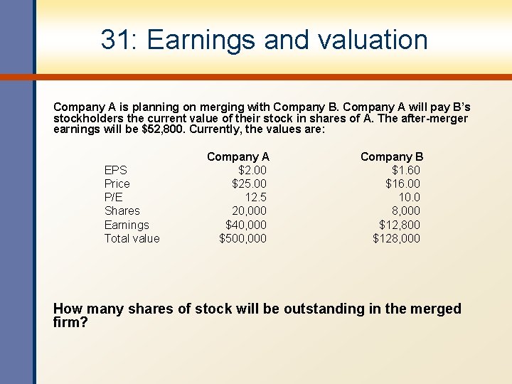 31: Earnings and valuation Company A is planning on merging with Company B. Company