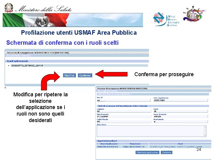 Profilazione utenti USMAF Area Pubblica Schermata di conferma con i ruoli scelti Conferma per