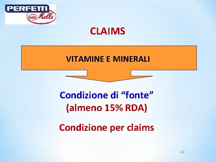 CLAIMS VITAMINE E MINERALI Condizione di “fonte” (almeno 15% RDA) Condizione per claims 43