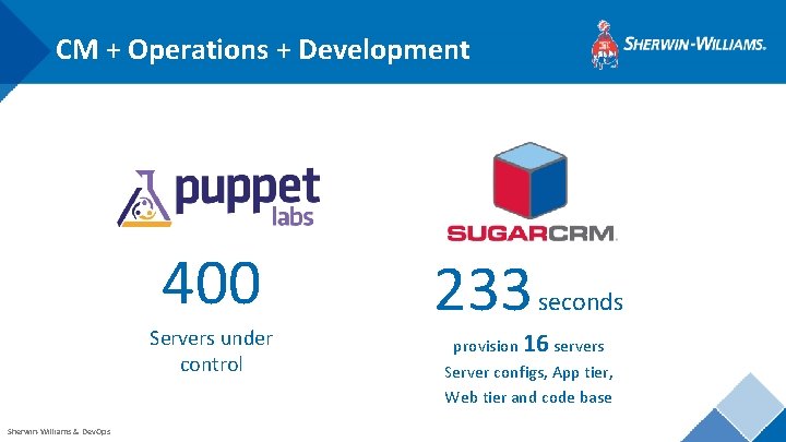 CM + Operations + Development 400 Servers under control Sherwin-Williams & Dev. Ops 233