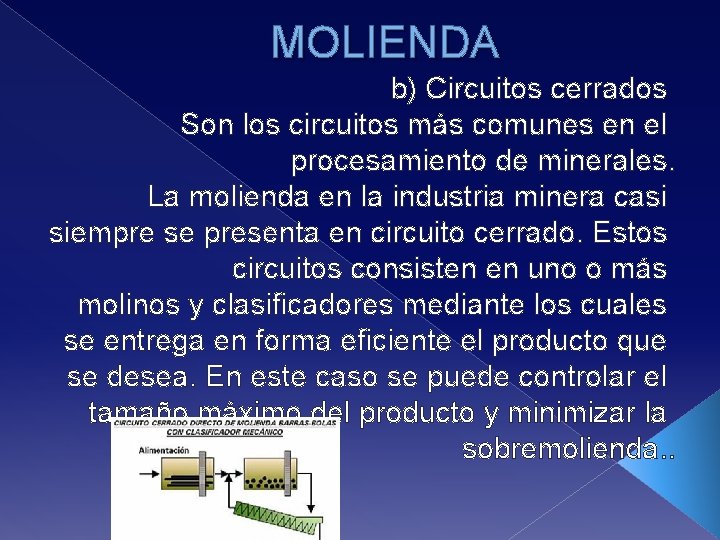 MOLIENDA b) Circuitos cerrados Son los circuitos más comunes en el procesamiento de minerales.