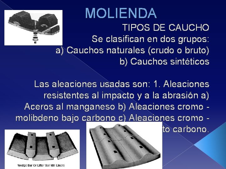 MOLIENDA TIPOS DE CAUCHO Se clasifican en dos grupos: a) Cauchos naturales (crudo o