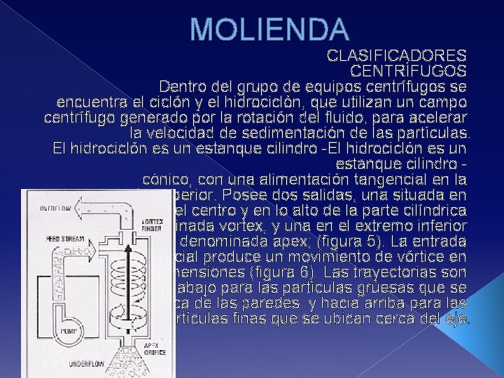 MOLIENDA CLASIFICADORES CENTRÍFUGOS Dentro del grupo de equipos centrífugos se encuentra el ciclón y