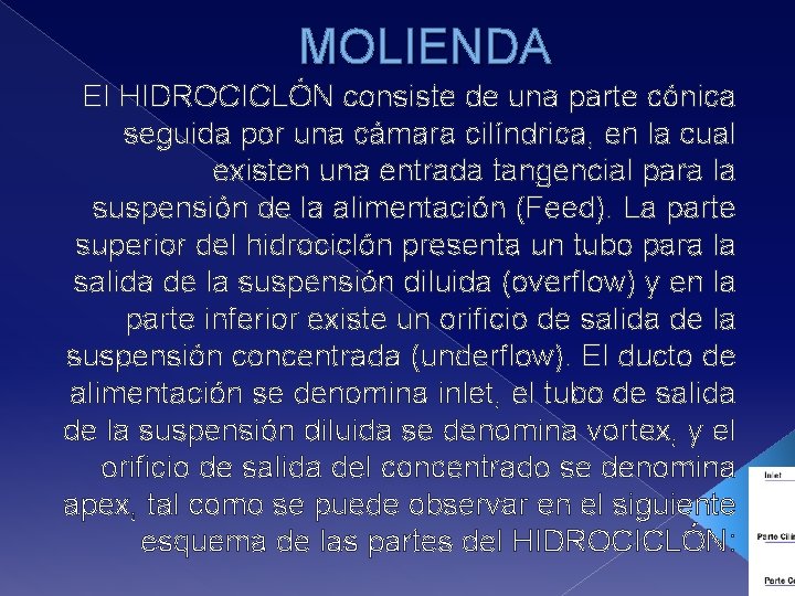 MOLIENDA El HIDROCICLÓN consiste de una parte cónica seguida por una cámara cilíndrica, en