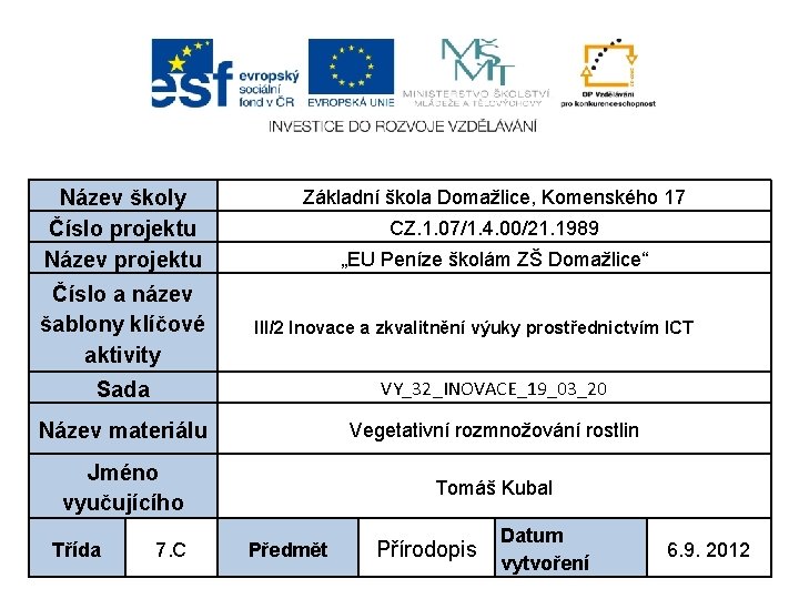 Název školy Číslo projektu Název projektu Číslo a název šablony klíčové aktivity Základní škola