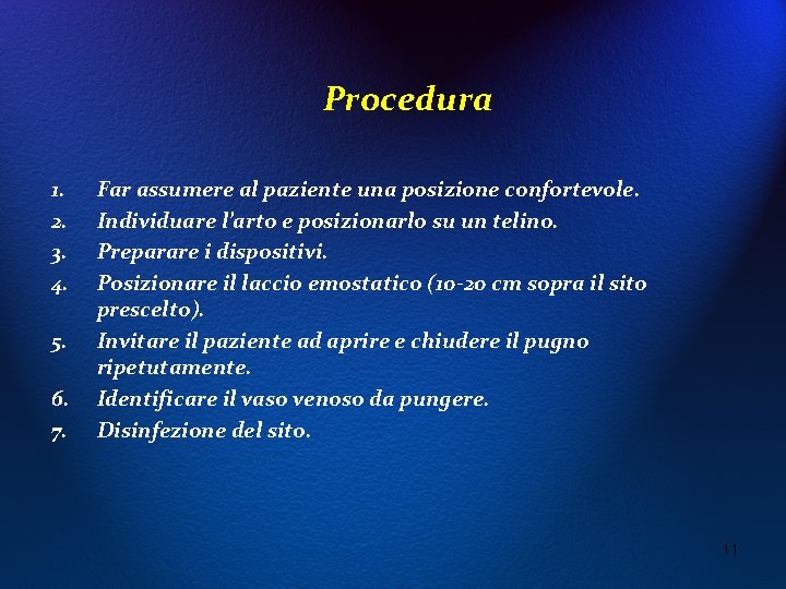 Procedura 1. 2. 3. 4. 5. 6. 7. Far assumere al paziente una posizione
