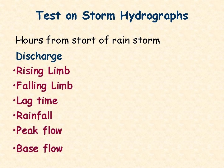 Test on Storm Hydrographs Hours from start of rain storm Discharge • Rising Limb