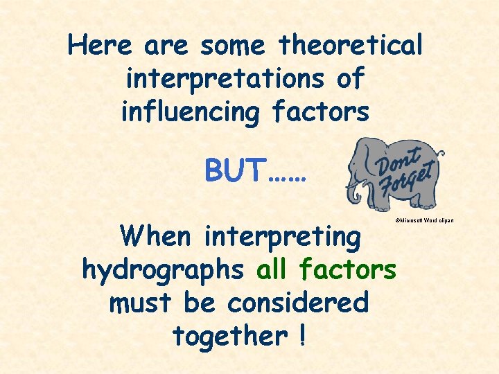 Here are some theoretical interpretations of influencing factors BUT…… When interpreting hydrographs all factors