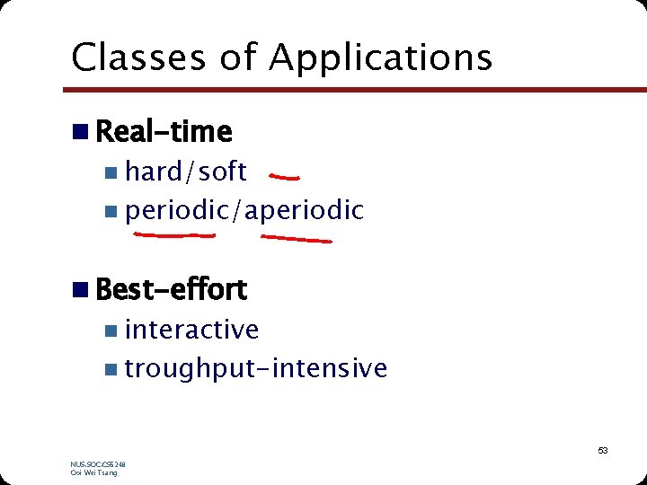 Classes of Applications n Real-time n hard/soft n periodic/aperiodic n Best-effort n interactive n