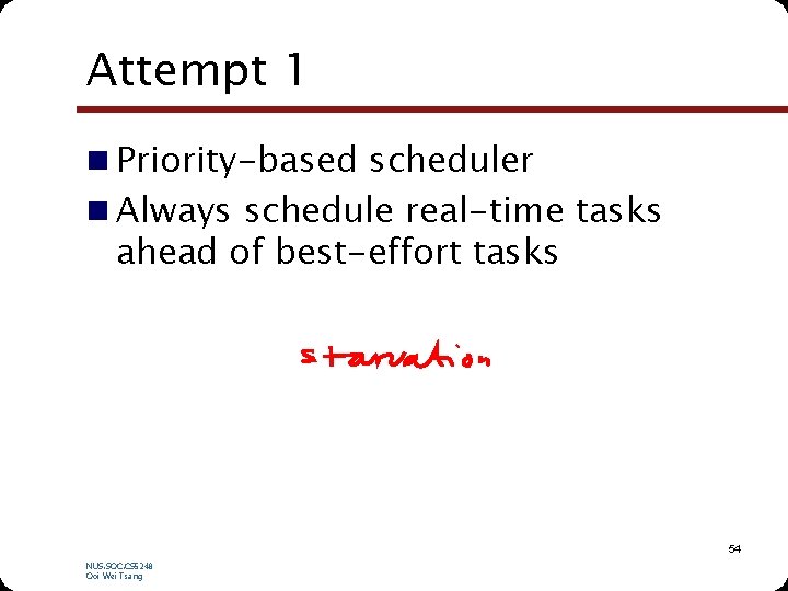 Attempt 1 n Priority-based scheduler n Always schedule real-time tasks ahead of best-effort tasks