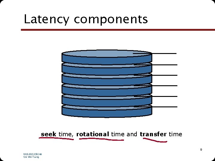 Latency components seek time, rotational time and transfer time 9 NUS. SOC. CS 5248