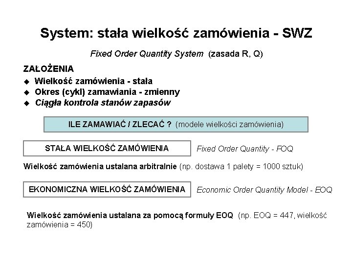 System: stała wielkość zamówienia - SWZ Fixed Order Quantity System (zasada R, Q) ZAŁOŻENIA