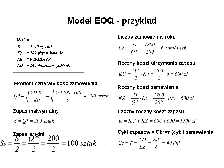 Model EOQ - przykład DANE D Kz Ku LD = 1200 szt. /rok =