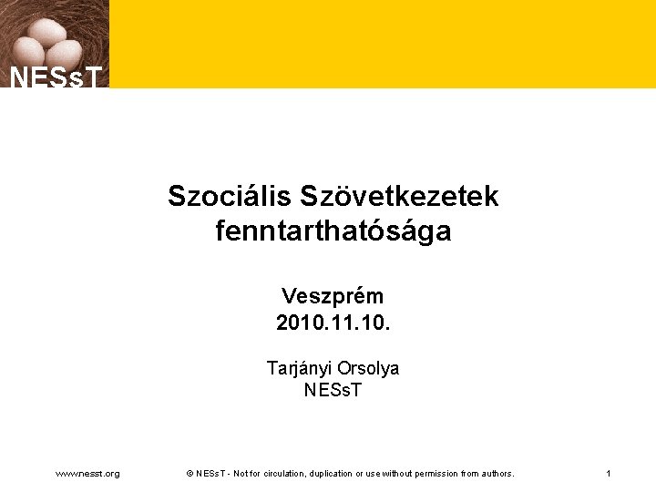 NESs. T Szociális Szövetkezetek fenntarthatósága Veszprém 2010. 11. 10. Tarjányi Orsolya NESs. T www.