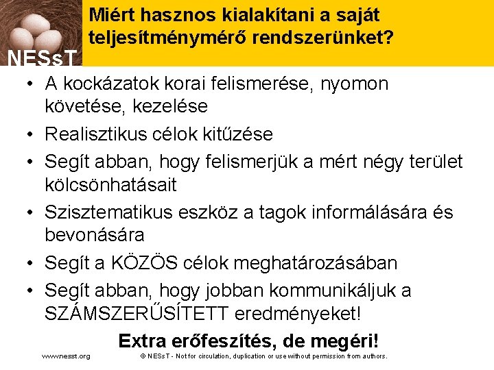 NESs. T Miért hasznos kialakítani a saját teljesítménymérő rendszerünket? • A kockázatok korai felismerése,