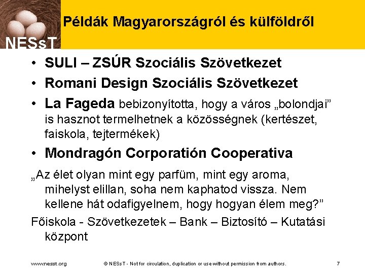 Példák Magyarországról és külföldről NESs. T • SULI – ZSÚR Szociális Szövetkezet • Romani