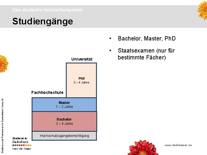  Das deutsche Hochschulsystem Studiengänge Universität Ph. D 3 – 4 Jahre Studieren und