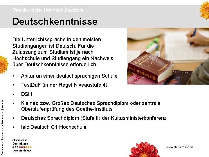 Das deutsche Hochschulsystem Deutschkenntnisse Studieren und Promovieren in Deutschland | Seite 21 Die Unterrichtssprache