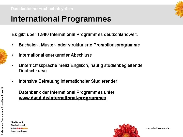 Das deutsche Hochschulsystem International Programmes Studieren und Promovieren in Deutschland | Seite 23 Es