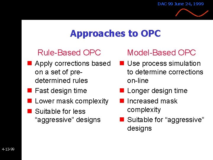DAC 99 June 24, 1999 Approaches to OPC 4 -13 -99 Rule-Based OPC Model-Based DAC 99 June 24, 1999 Approaches to OPC 4 -13 -99 Rule-Based OPC Model-Based