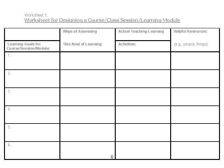 Worksheet 1 Worksheet for Designing a Course/Class Session/Learning Module Learning Goals for Course/Session/Module: Ways