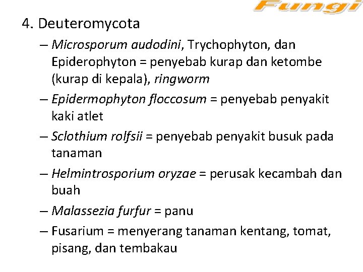 4. Deuteromycota – Microsporum audodini, Trychophyton, dan Epiderophyton = penyebab kurap dan ketombe (kurap 4. Deuteromycota – Microsporum audodini, Trychophyton, dan Epiderophyton = penyebab kurap dan ketombe (kurap