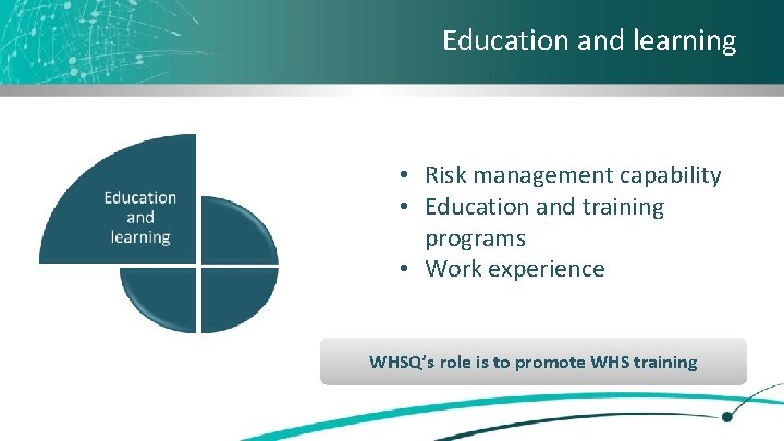 Education and learning • Risk management capability • Education and training programs • Work