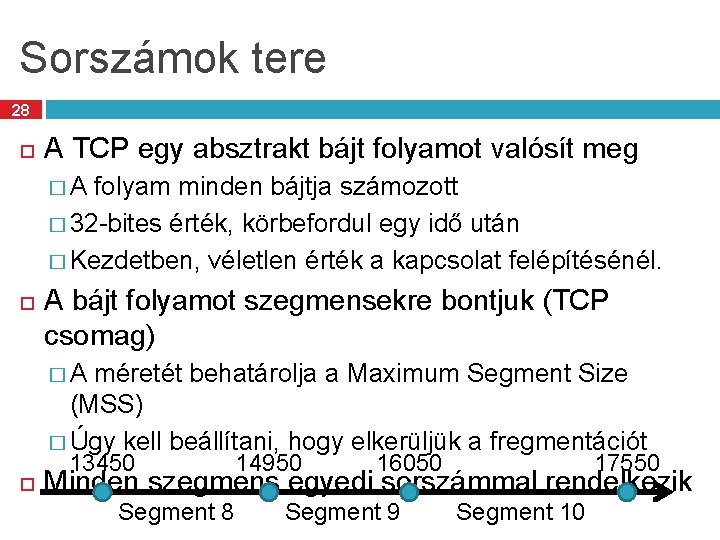 Sorszámok tere 28 A TCP egy absztrakt bájt folyamot valósít meg �A folyam minden