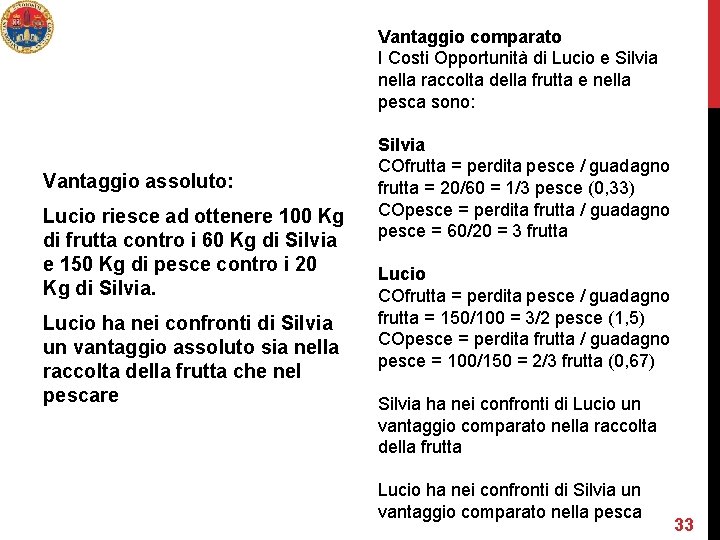 Vantaggio comparato I Costi Opportunità di Lucio e Silvia nella raccolta della frutta e