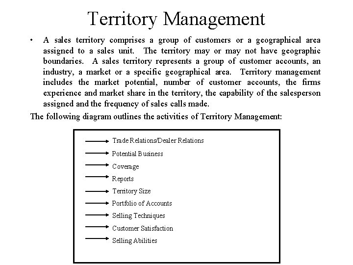 Territory Management • A sales territory comprises a group of customers or a geographical