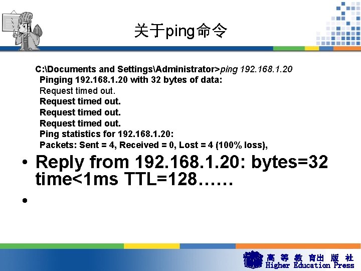关于ping命令 C: Documents and SettingsAdministrator>ping 192. 168. 1. 20 Pinging 192. 168. 1. 20