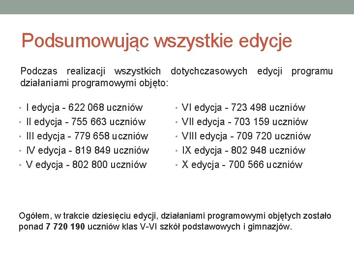 Podsumowując wszystkie edycje Podczas realizacji wszystkich dotychczasowych edycji programu działaniami programowymi objęto: • I