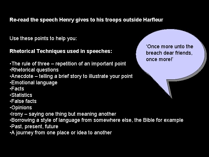 Re-read the speech Henry gives to his troops outside Harfleur Use these points to