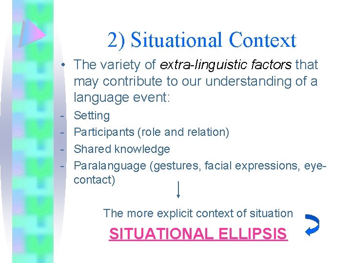 2) Situational Context • The variety of extra-linguistic factors that may contribute to our